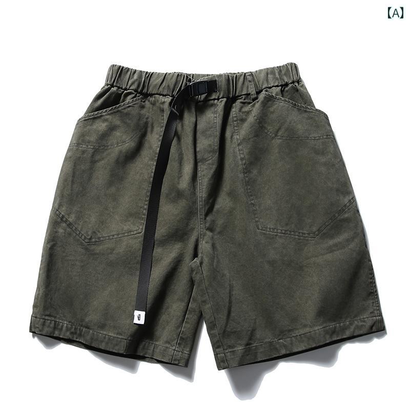 ハーフパンツ レトロ ウォッシュ 加工 ワークウェア ロギング パンツ メンズ サマー ファッション ストレート ドローストリング ショートパンツ ミディアム