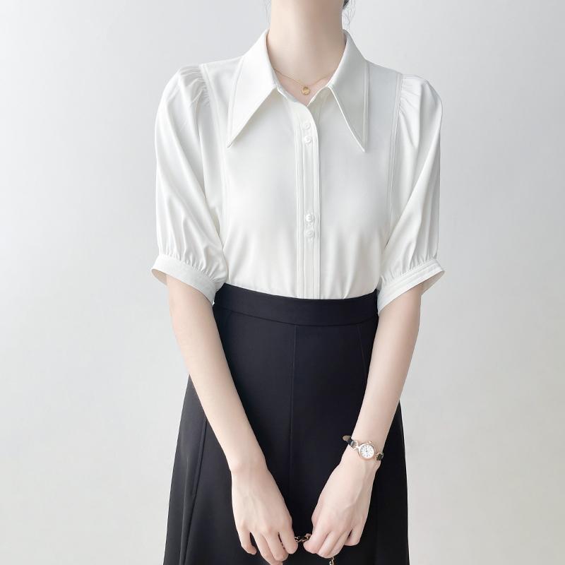 ブラウス 半袖 白 シャツ レディース 夏 ゆったり シャツ フレンチスタイル パフスリーブ トップス オフィス ビジネス フォーマル シンプル 上品｜ラ・グラーヌ