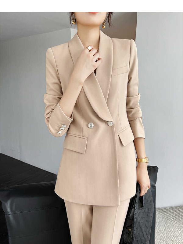 レディース スーツ 上下セット 秋 女性 カジュアル ツーピース セットアップ フォーマル スーツ襟 長袖 ダブルブレスト 通勤 オフィス 軽量 柔らかい ジャケット パンツ スリム フィット シンプル｜ラ・グラーヌ