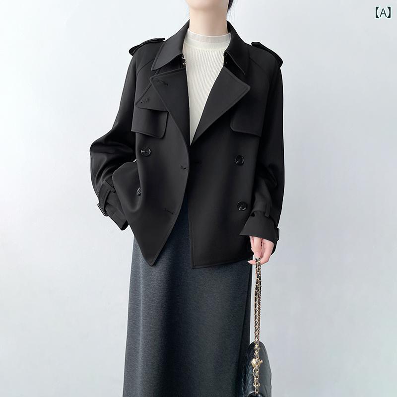 レディース ジャケット ショート丈 ハーフコート 黒 ベージュ 英国風 レトロ ダブルブレスト スール襟／立ち襟 防風 クラシック モダン エレガント スタイリッシュ シック ユニーク おしゃれ｜ラ・グラーヌ 21,280円