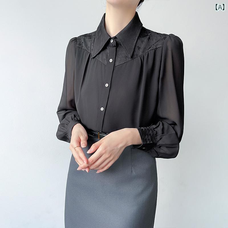 レディース シフォンシャツ ブラウス 長袖 春秋冬 レトロブラック 無地とダークジャガードのレイヤブロック シャツ襟 ボタン装飾 前開き 上品 シック エレガント スタイリシュ 高品性 デザイン性｜ラ・グラーヌ