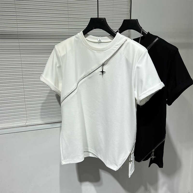 Tシャツ 夏 ショルダーパッド メンズ ファッション 半袖 ジッパー装飾 スプライシング スリット 機能性 トップス おしゃれ 個性的 ストリート スタイリッシュ モード ユニーク