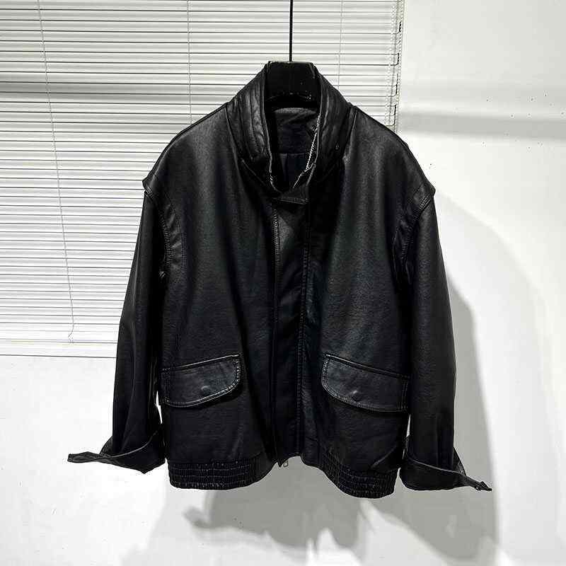 メンズ ファッション 秋 レトロ スタンドカラー PUレザー ジャケット アウター ストリート マルチポケット オートバイ ワークウェア スタイリッシュ シンプル カジュアル ライダース ストリート｜ラ・グラーヌ