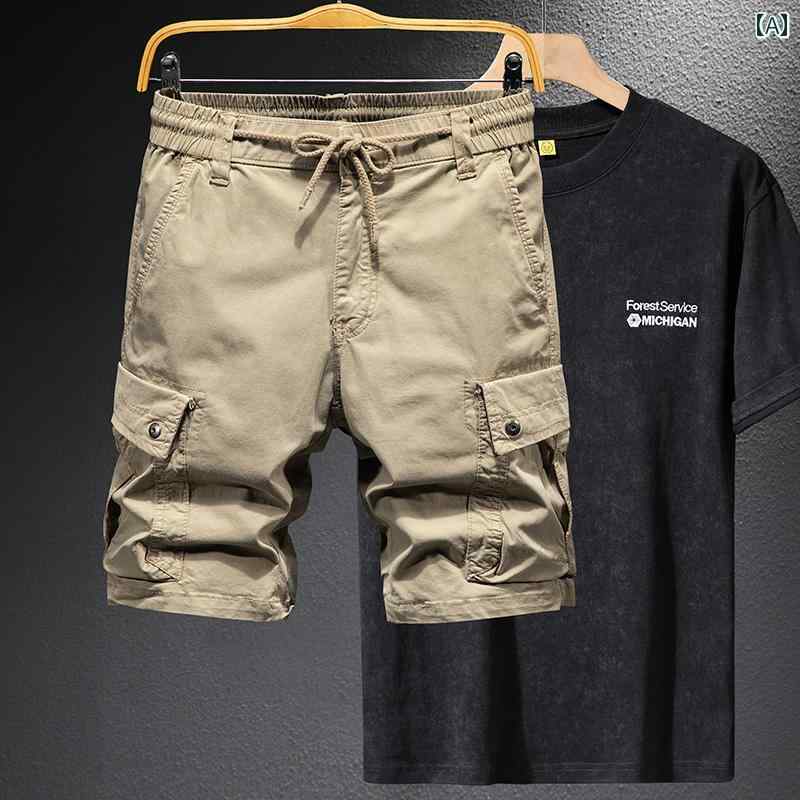 カーゴ ハーフパンツ メンズ 夏 ショート パンツ 綿 マルチ ポケット カジュアル ストレッチ ５分丈 薄手 ズボン Tシャツ セット