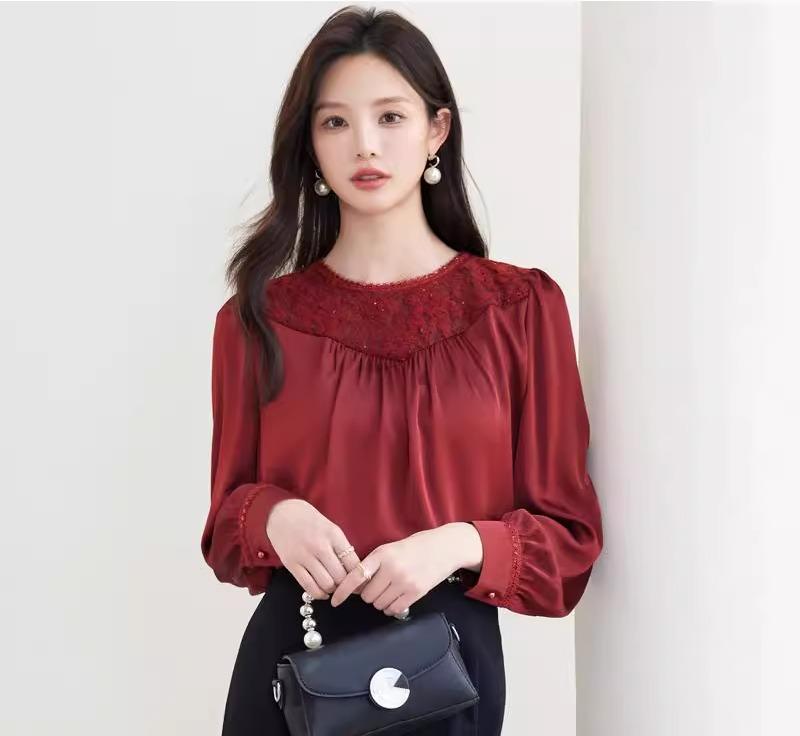 レディース トップス ブラウス 春 女性 レース シフォン シャツ 長袖 プルオーバー ラウンドネック 通勤 オフィス 薄手 軽量 柔らかい シンプル ゆったり フェミニン｜ラ・グラーヌ