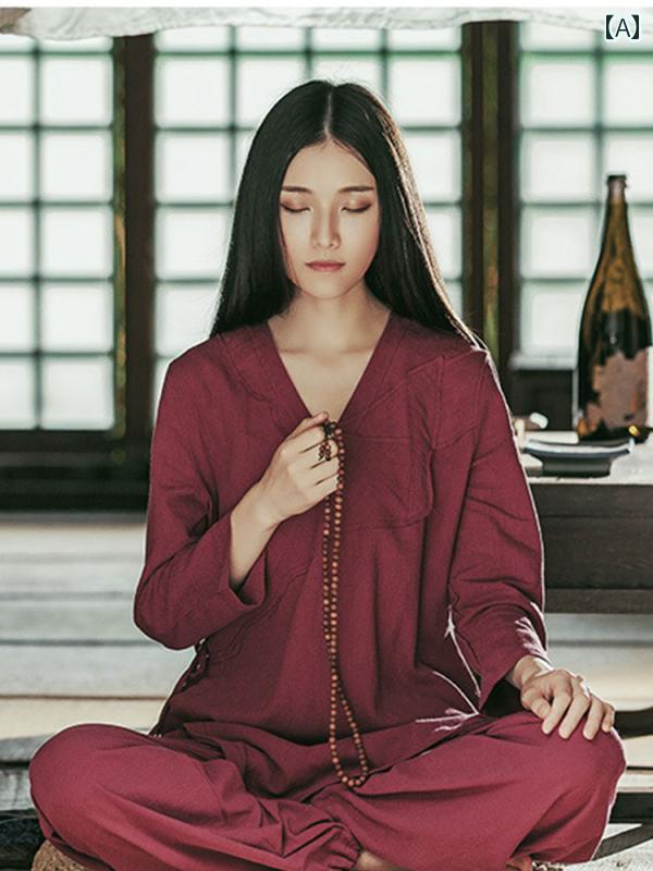スーツ パンツスーツ チャイナ風 唐スーツ 長袖 禅服 修道 仏教 仏陀崇拝 瞑想 茶師服 エスニック エキゾチック レディース メンズ