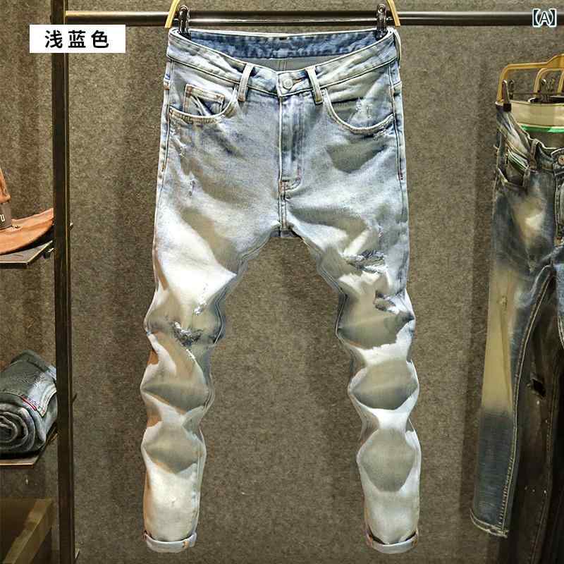 ライトウォッシュ デニム メンズ おしゃれ Gパン カジュアル ライトブルー レトロ ジーンズ スリムフィット ストレッチ パンツ ストリート パンツ 夏