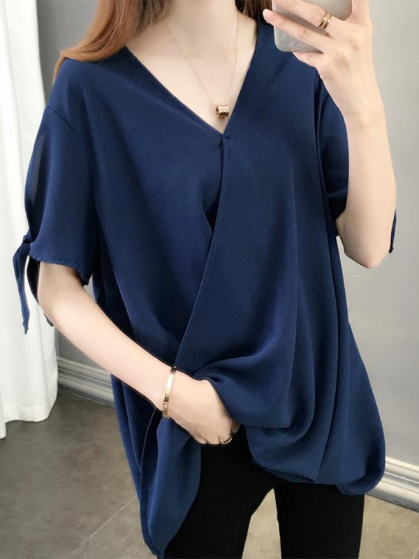 シャツ トップス レディース おしゃれ ファッション シンプル 女性 シフォン 夏 薄手 半袖 ゆったり Vネック 大きいサイズ カジュアル プルオーバー｜ラ・グラーヌ