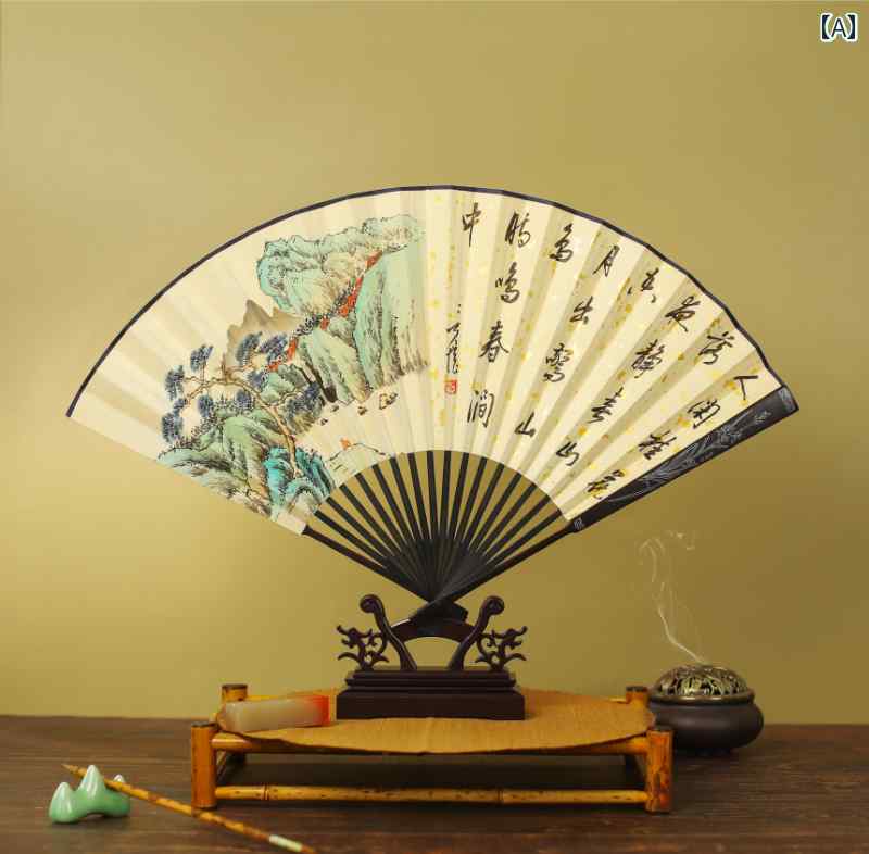 扇子 チャイナ風 ９インチ 黒白檀 象嵌 ホーン 手描き ペーパー ファン 海外旅行 贈り物 プレイ 白檀 紳士 婦人 土産 粗品