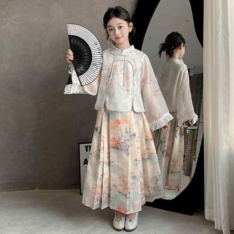 キッズ 民族衣装 コスプレ チャイナ風 ガールズ 子供 おしゃれ かわいい 写真撮影 普段着 女の子 スカート セット 漢服 春 ドレス レトロ 衣装 2点セット オレンジ 長袖