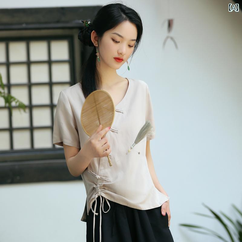 レディース 瀬戸もの風 セットアップ 口さかしい リネン 漢服 亭主もち用 唐 書き割り 夏 中国 トップス 茶師服 禅 読みもの 工芸 綿織物 ワイドレッグパンツ ギャザー Vのど首 無地
