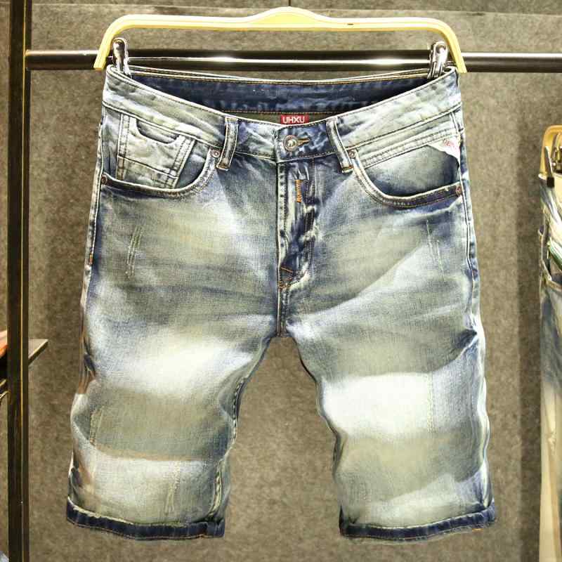 メンズ コットン ストレッチ デニム おしゃれ ハーフパンツ カジュアル アメリカン ストレート レトロ ダメージ デニムショートパンツ 男性用 個性的 ウォッシ加工 5分丈パンツ
