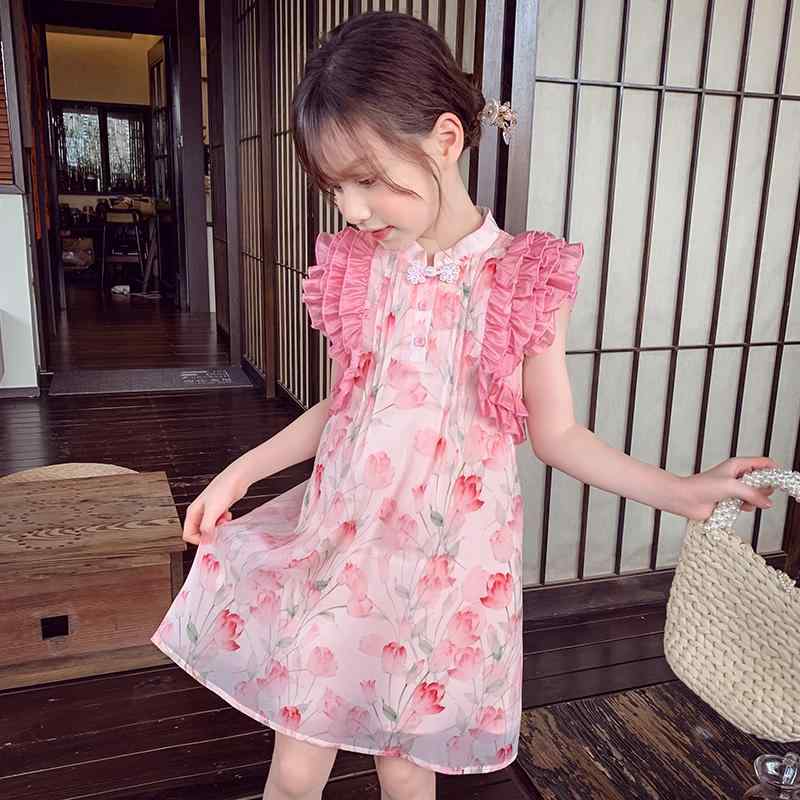 キッズファッション ドレス ワンピース ロング スカート レース フライングスリーブ 花柄 かわいい プリンセス チャイナ風 韓服 おしゃれ 子供 夏