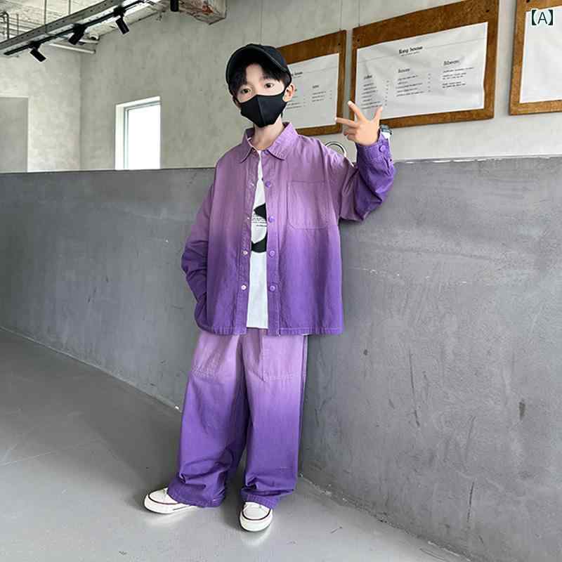 キッズ ウェア 上下セット 男の子 セットアップ シャツ ジャケット パンツ 春秋 ファッション 子供 グラデーション ストリート パープル 韓国