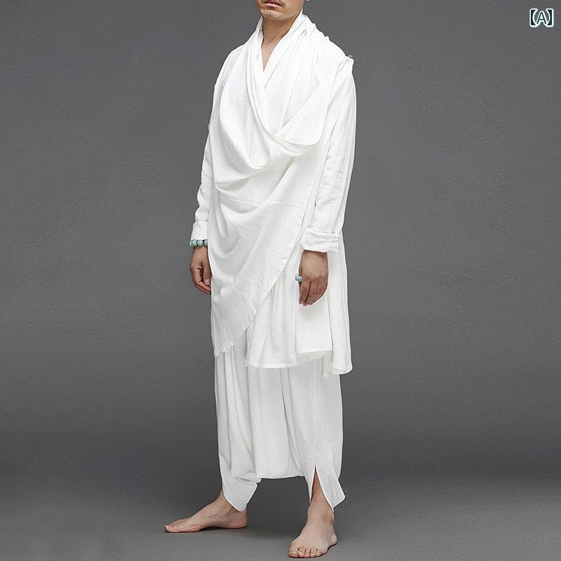 チャイニーズ  セットアップ 瀬戸もの風 綿 リネン 漢服 メンズ レトロ 思い入れる 御茶 背広 レトロ エスニック マント 道教