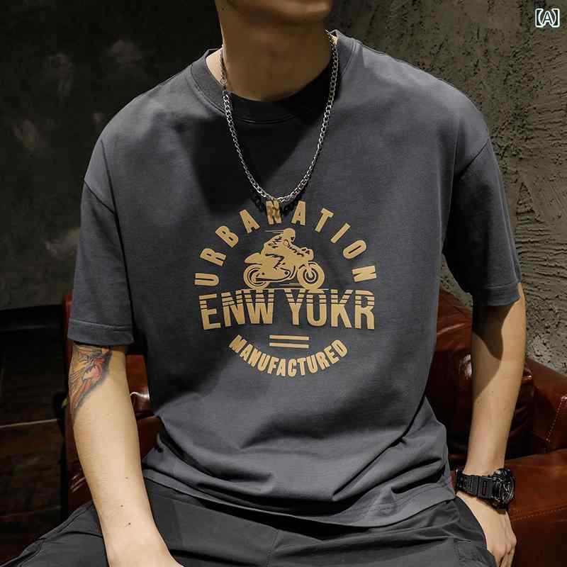 メンズ Tシャツ 半袖 アメリカン 夏 トップス ラウンドネック 丸首 ゆったり 前プリント 綿混紡 コットン ノーアイロン 通気性 ダークグレー ブラウン カーキ グリーン 大きいサイズ 男性用