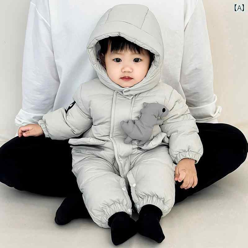 カバーオール フード付き 赤ちゃん ベビー 子供 冬 服 男の子 恐竜 立ち襟 カジュアル あったか 防寒 ダウン アウトドア ウェア お出かけ かわいい｜ラ・グラーヌ