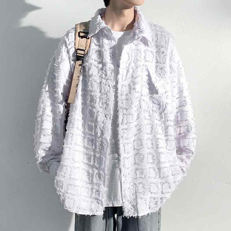 カジュアルシャツ 長袖 男性服 秋冬 羽織り メンズ タッセル 起毛 立体 ブロックチェック柄 ゆったり 大きいサイズ ジャケット おしゃれ デザイン性 映え 個性 人と被らない アプデ トップス 青 黒