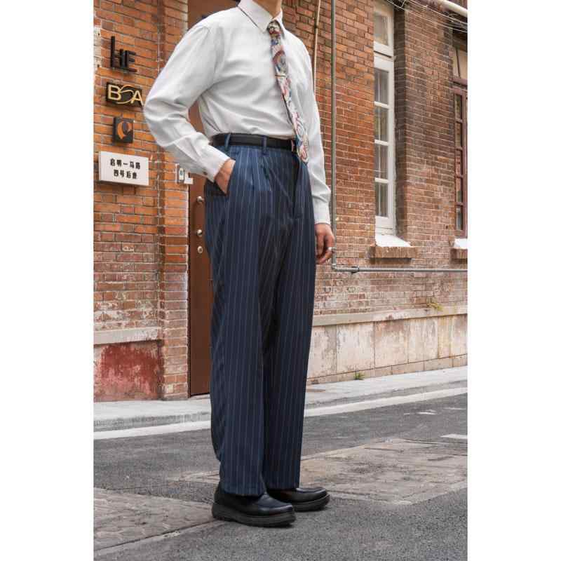 メンズ 男性用 パンツ スラックス ビジネスパンツ ストライプ ウール ハイウエスト 紳士服 スタンダード シンプル モダン シック ビジネス 出張 オフィスワーク 万能コーデ