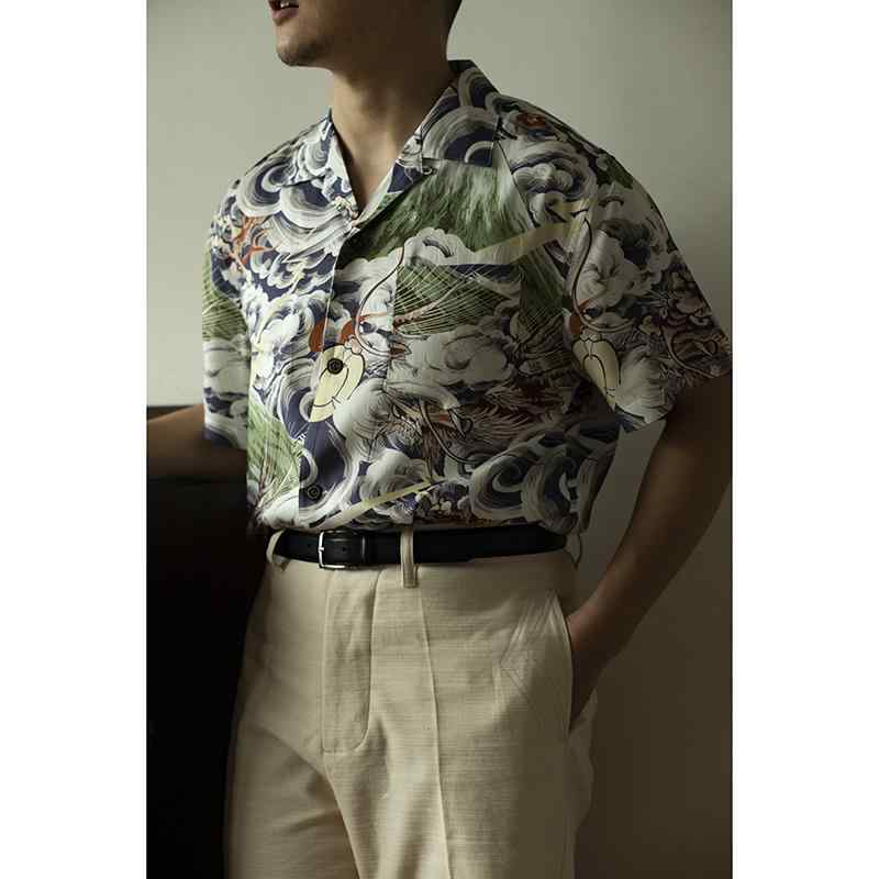 メンズ シャツ アロハシャツ カジュアルシャツ 半袖 ドラゴン 龍 夏 レジャー リゾート 休日 ビーチ 薄手 おしゃれ カジュアル カラフル｜ラ・グラーヌ