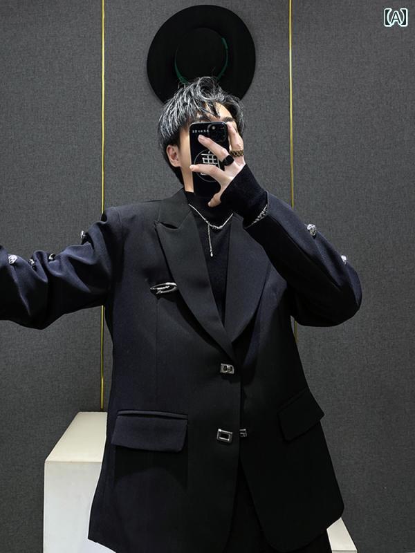 ジャケット 肩パッド メンズ スタイリッシュ 韓国 ハイエンド マルチボタン 装飾 ジャケット ショルダーパッド 黒 シック アウター おしゃれ モノトーン