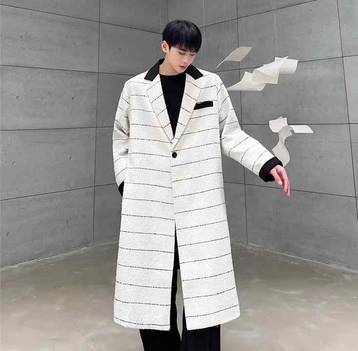 ロングコート 男性服 ボーダー カジュアル 韓国 冬服 コントラストカラー ミドル丈 厚手 コート メンズ アウター 羽織り 上着 シンプル デイリー 清潔感 清楚 バイカラー 好青年｜ラ・グラーヌ