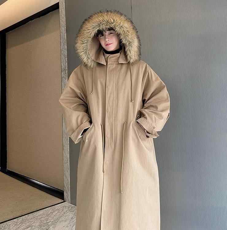 ロングコート 男性用 フード ファー ネイビーブルー ブラウンベージュ 秋冬服 フェイク アライグマ 毛皮 襟 Aライン 膝下丈 厚手 綿 コート アウター 上着 カジュアル 大人 雪