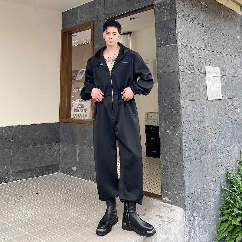 カジュアルシャツ トップス メンズ 秋冬 ファッション ダーク 個性 フード付き ジッパー シャツ つなぎ 服 ジャンプスーツ パンツ