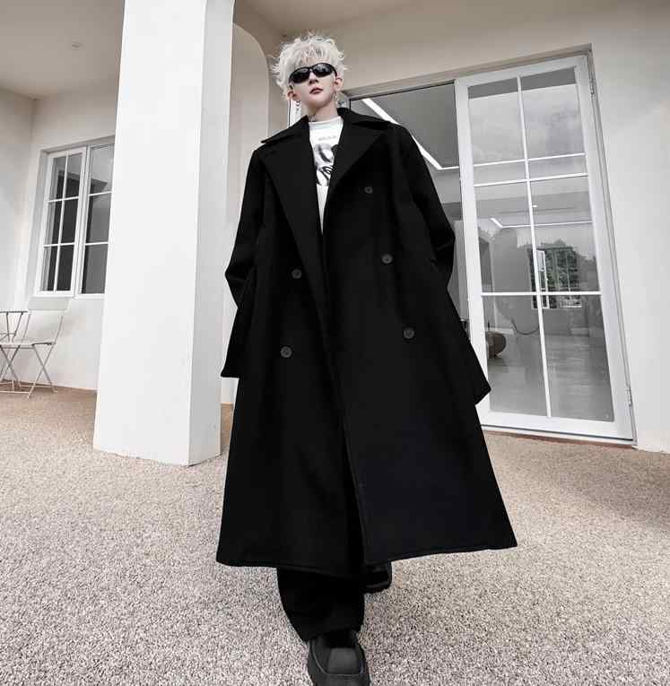 ロングコート 男性用 黒 ブラック 冬 レトロ クラシック モダン モード 英国 ハイエンド ダブルブレスト 防風 ミドル丈 厚手 コート メンズ おしゃれ クール ダーク Aライン フレア