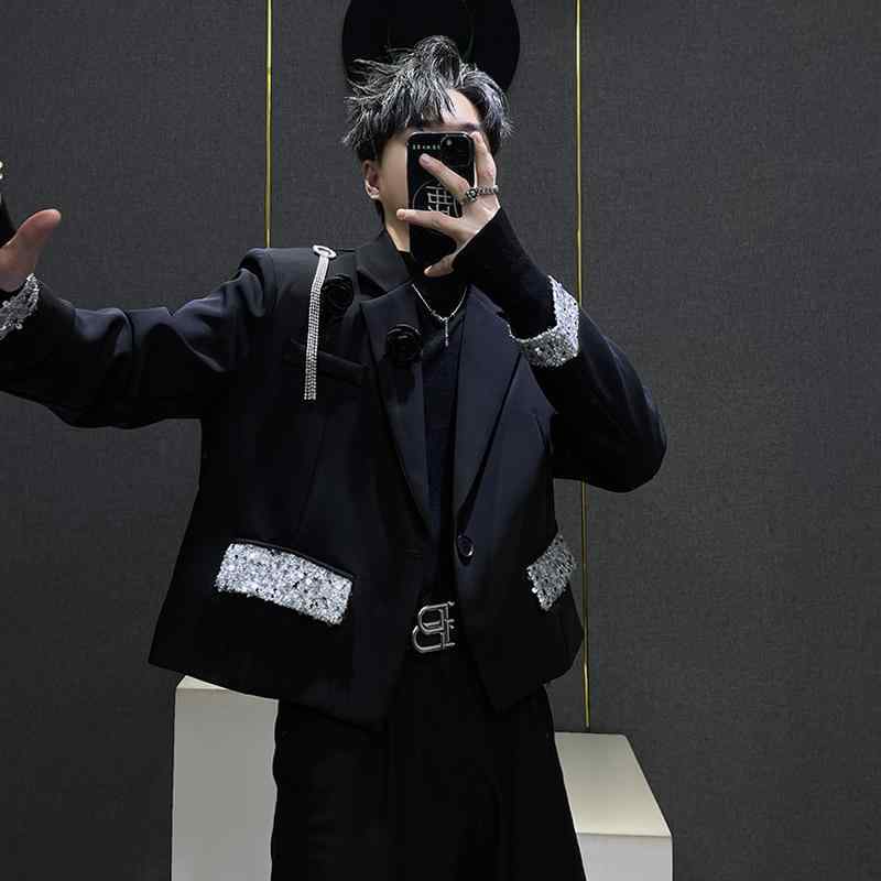 上衣 肩パッド メンズ 今めかしい 韓国 秋 遊撃手 肩先パッド スパンコール スプライシング サクラ色 かざり付ける 窈窕たる 表現スタイル 上衣