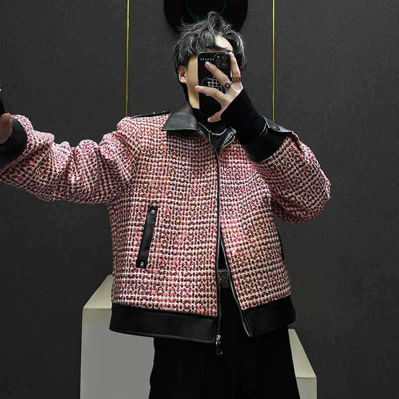 メンズ ウールジャケット レザージャケット スパンコール付き 赤色 フェイクレザー 男性用 秋冬 アーバン おしゃれ トレンディ|ラ・グラーヌ