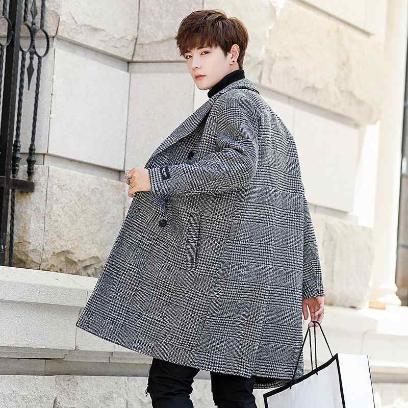 ロングコート 男性服 膝丈 韓国 千鳥格子 チェック柄 メンズ 綿 厚手 コート ティーンエイジャー 大きめ オーバーサイズ カップル 共有可能 アウター 上着 羽織り デイリー カジュアル｜ラ・グラーヌ