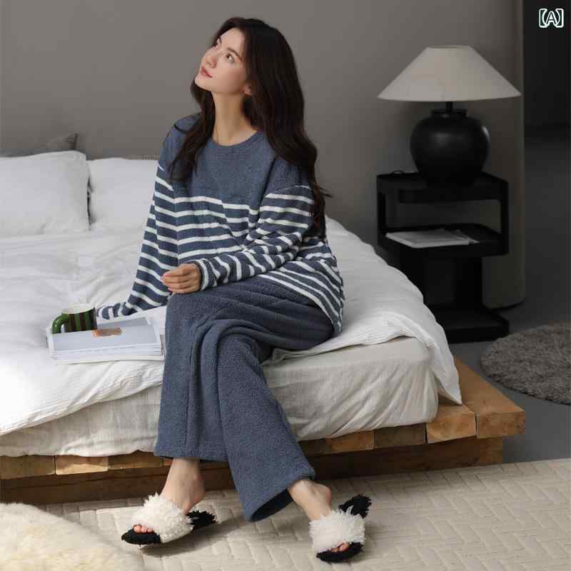 パジャマ ルームウェア レディース 婦人服 女性用 部屋着 かわいい おしゃれ リラックス 秋冬 厚手 ボーダー 冬 ホームウェア セットアップ