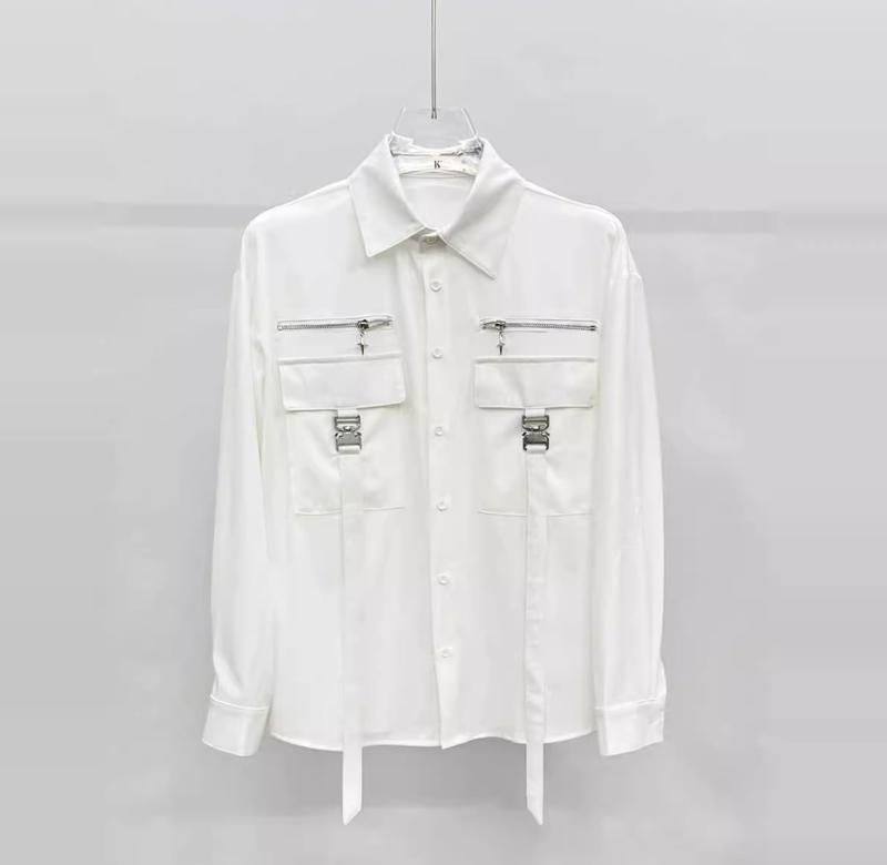 韓国 男性服 ロック シャツ メンズ 機能的 ワークウェア カジュアル 白 黒 ハイファッション 長袖 トップス ステージ 衣装 シルバー 留め具 チャック ジッパー アジャスターベルト ストリート