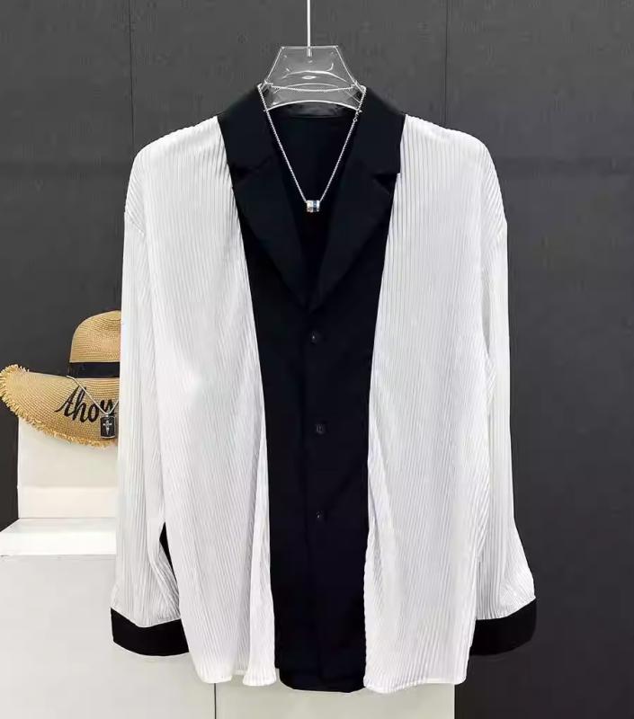 男性服 シャツ バイカラー 白黒 モノクロ モノトーン メンズ 春夏 長袖 ハイエンド コントラスト トップス 個性的 ファッション プリーツ カジュアル デイリー ユニーク 切り替え デザイン