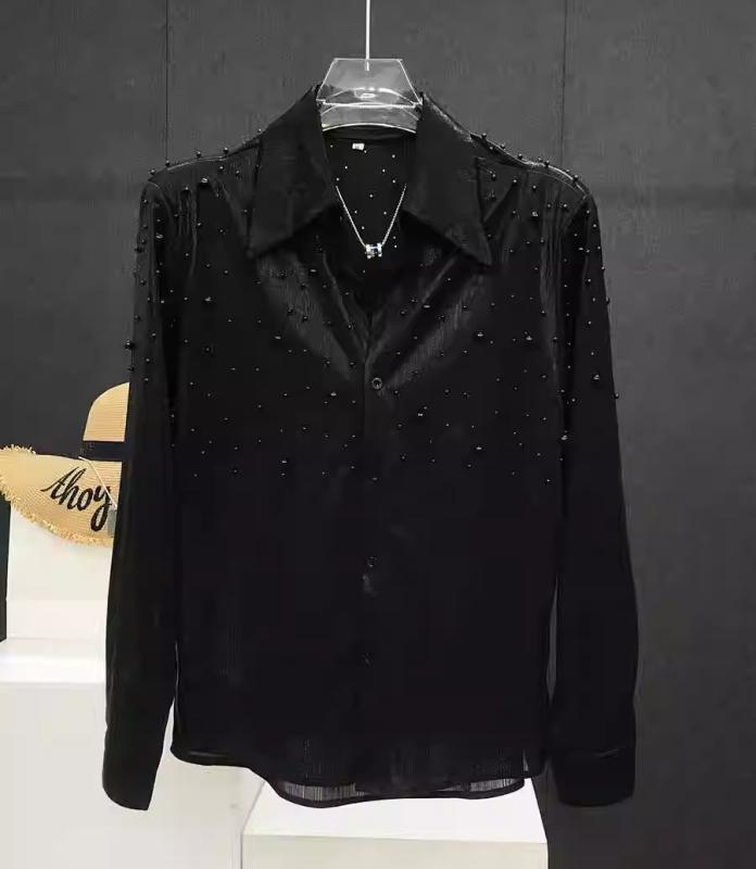 男性服 春夏 黒 ビーズ ブラックパール付き シャツ メンズ 光沢 おしゃれ ハイエンド 上品 エレガント ハイファッション 長袖 トップス ステージ パフォーマンス 衣装 歌手 ダンス おしゃれ 黒 4,886円