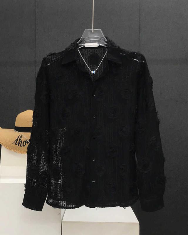 男性服 ズ 立体 薔薇 バラ ローズ シャツ メンズ ステージ ハイエンド 長袖 メンズ トップス 上品 シアー メッシュ シースルー 黒 ブラック エレガント フラワー 花 上品 おしゃれ