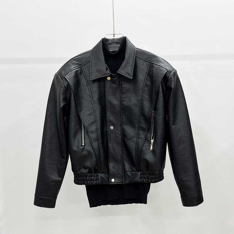 ショート ジャケット メンズ 秋 カジュアル フェイクレザー ライダース 上着 長袖 ジッパー ポロ襟 パッド ポケット 防風 コート アウター スリム スタイリッシュ 普段使い｜ラ・グラーヌ