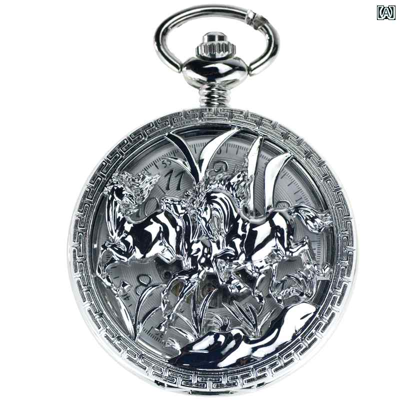 懐中時計 アラビア数字 シルバー ブロンズ 彫刻 馬 フリップカバー スケルトン ペンダント 記念品 ギフト レトロ アンティーク モダン シック アクセサリー