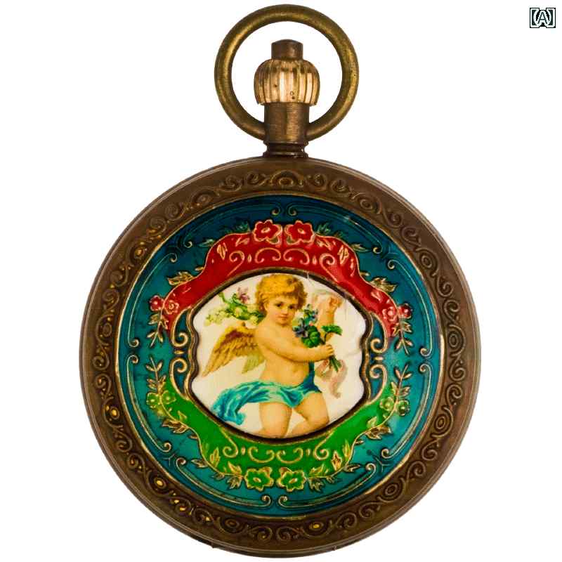 懐中時計 ローマ数字 エンジェル 天使 両開き フリップカバー 絵画 ペンダント 機械式 手巻き ギフト クラシック アンティーク モダン シック アクセサリー