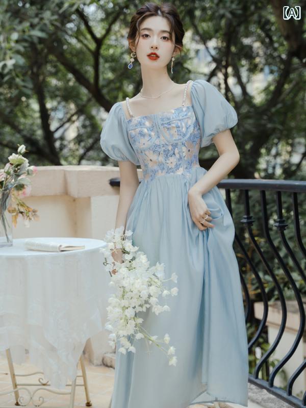 ワンピース レディース 花モチーフ パステルブルー 華やか 結婚式参加 パーティー ガーリー プリンセス 半袖 イチ押し おすすめ 上品 インスタ映え ふんわり｜ラ・グラーヌ