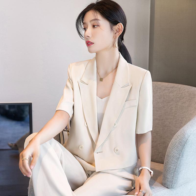 レディース スーツ ビジネス オフィス カジュアル 婦人服 スーツ ジャケット ブレザー 半袖 シャツ ノースリーブ パンツ ズボン 若見え スタイリッシュ