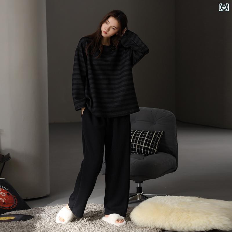 パジャマ レディース 婦人服 女性用 部屋着 ルームウェア モダン スタイリッシュ リラックス 秋冬 黒 ボーダー カジュアル ホーム セットアップ 上下セット