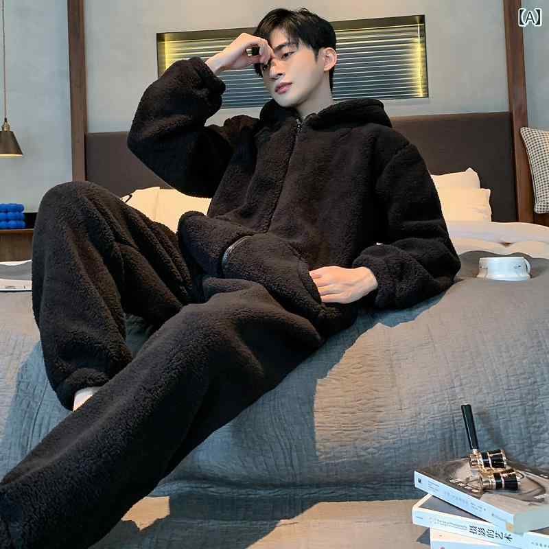 パジャマ メンズ 紳士服 部屋着 ルームウェア ナイトウェア おしゃれ リラックス セットアップ 上下セット 厚手 暖かい 秋冬 ジッパー フード付き