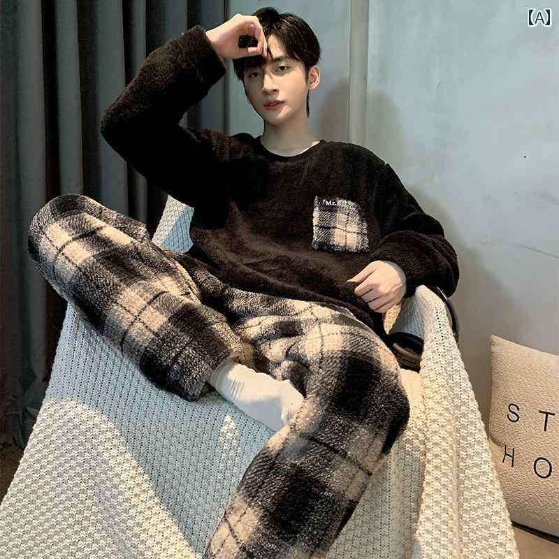 パジャマ ルームウェア メンズ 紳士服 部屋着 ナイトウェア カジュアル セットアップ 上下セット 厚手 暖かい 秋冬 ティーンエイジャー チェック 柄 黒