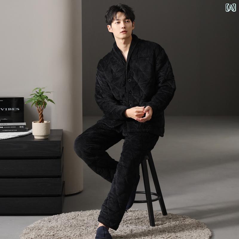 パジャマ メンズ 紳士服 部屋着 ルームウェア ナイトウェア リラックス セットアップ 上下セット モダン エレガント 厚手 暖かい 冬 キルティング 韓国