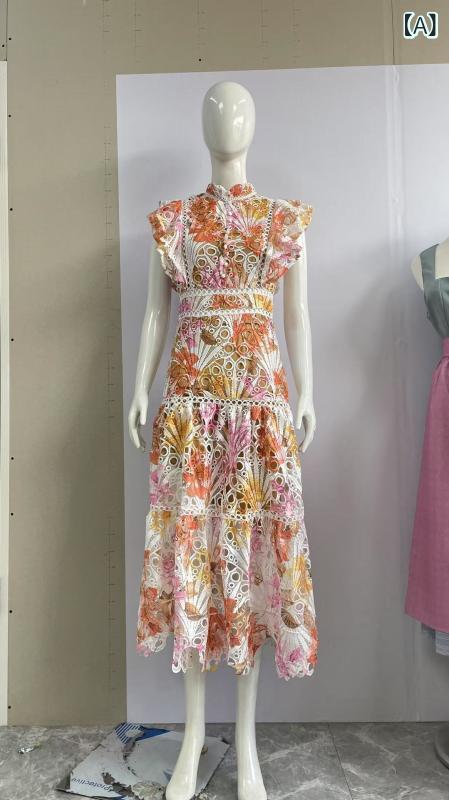 ワンピース レディース 春夏 ノースリーブ ロング丈 フレンチスリーブ 立立襟 レース 刺繍 花柄 ハイウエスト 骨格ストレート エレガント レトロ｜ラ・グラーヌ