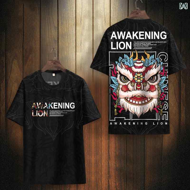 Tシャツ メンズ トップス 男性用 チャイナ風 半袖 ライオン プリント ストリート ファッション デザイン 冷感 速乾 ラウンドネック