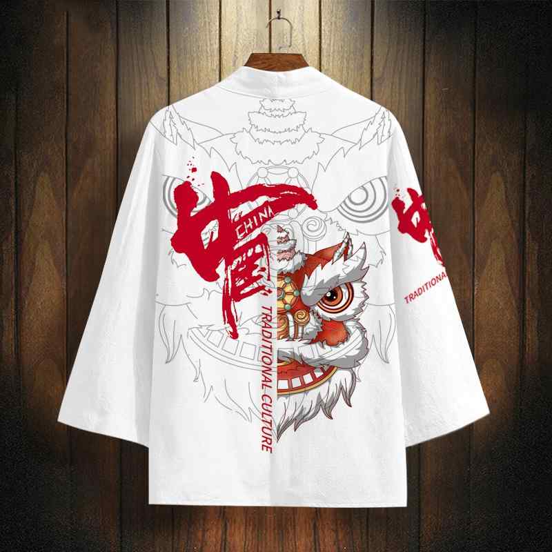 羽織り メンズ トップス シャツ はっぴ お祭り 派手 薄手 春秋 上着 チャイナ風 中国 中華 獅子舞 大きいサイズあり カジュアル 道教 ローブ ジャケット ゆったり 快適 白 黒 2色展開