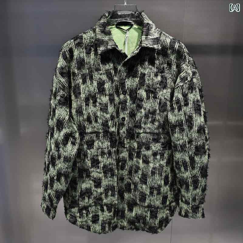 ジャケット メンズ 秋冬 厚手 ストリート ストライプ ダメージ加工 ミドル丈 シャツ ファッション 若見え おしゃれ 男性